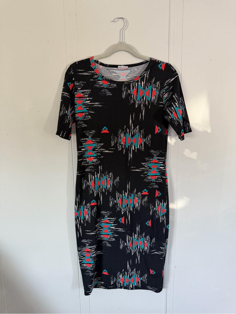 LulaRoe Julia Dress with teal and coral Aztec design